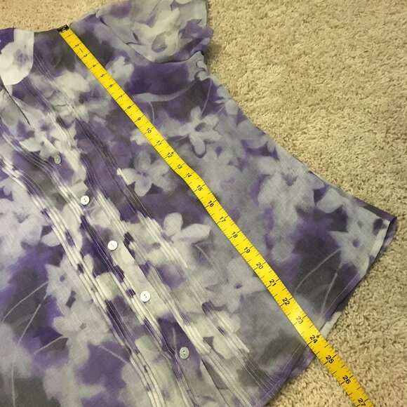 Vintage Y2K Chiffon Floral Watercolour Short Sleeve Button Up Pintuck Shirt - Picture 15 of 16